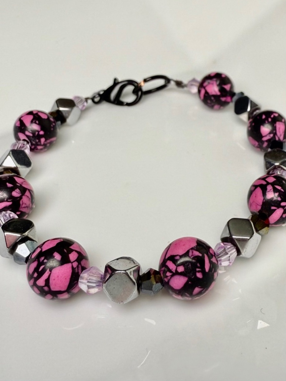 Hot Pink & Black Reconstituted Clay, Silver Faceted & Crystals Beaded Bracelet
